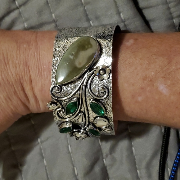 New Unique Jasper and Green Quartz Adjustable Cuff 925 Silver Bracelet. - Picture 9 of 9